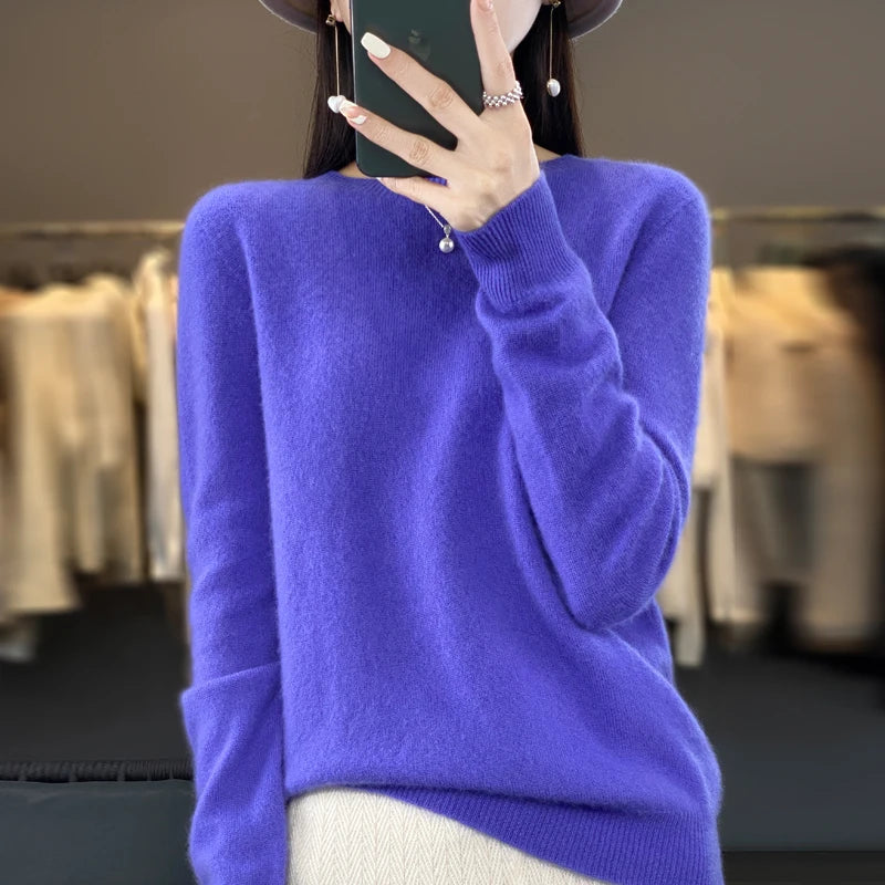 New cashmere sweater women's sweater in autumn and winter 100% merino wool fashion O-neck autumn warm pullover top GatoGeek Blue XL 