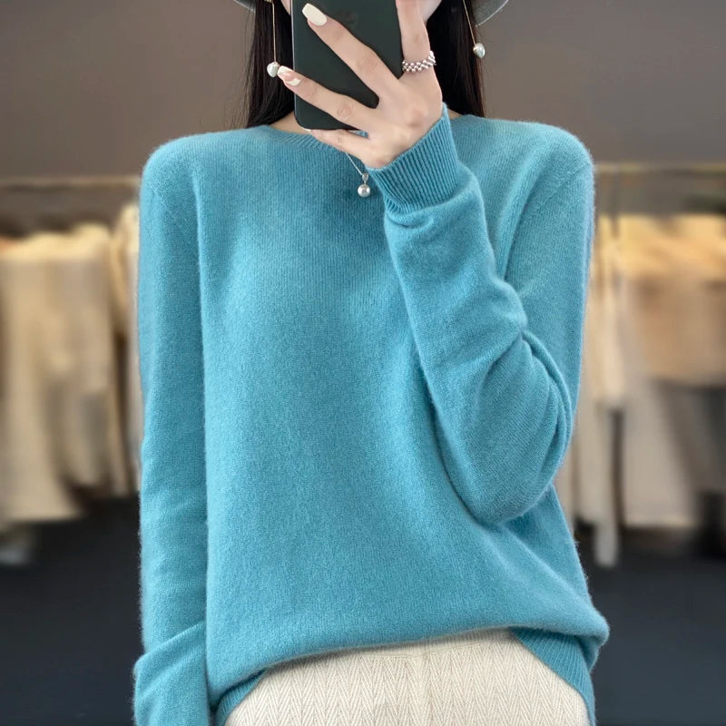 New cashmere sweater women's sweater in autumn and winter 100% merino wool fashion O-neck autumn warm pullover top GatoGeek Lake Blue XXL 