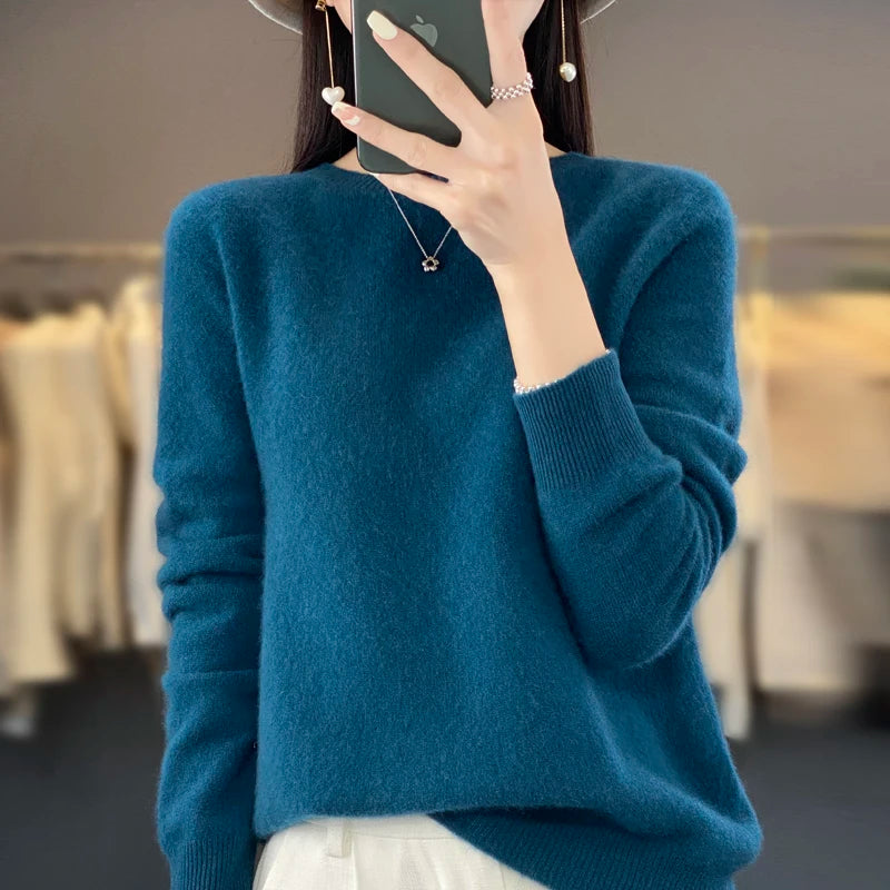 New cashmere sweater women's sweater in autumn and winter 100% merino wool fashion O-neck autumn warm pullover top GatoGeek Navy Blue L 