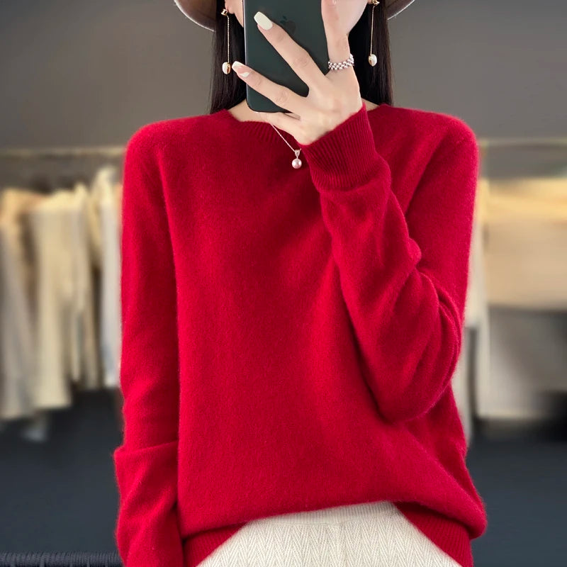 New cashmere sweater women's sweater in autumn and winter 100% merino wool fashion O-neck autumn warm pullover top GatoGeek Red XXL 