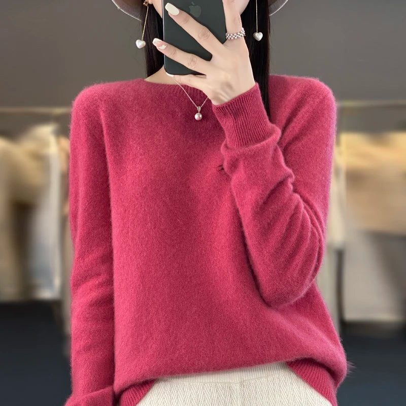 New cashmere sweater women's sweater in autumn and winter 100% merino wool fashion O-neck autumn warm pullover top GatoGeek Rose Red XL 