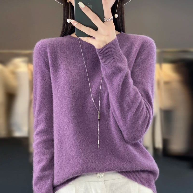 New cashmere sweater women's sweater in autumn and winter 100% merino wool fashion O-neck autumn warm pullover top GatoGeek Violet L 