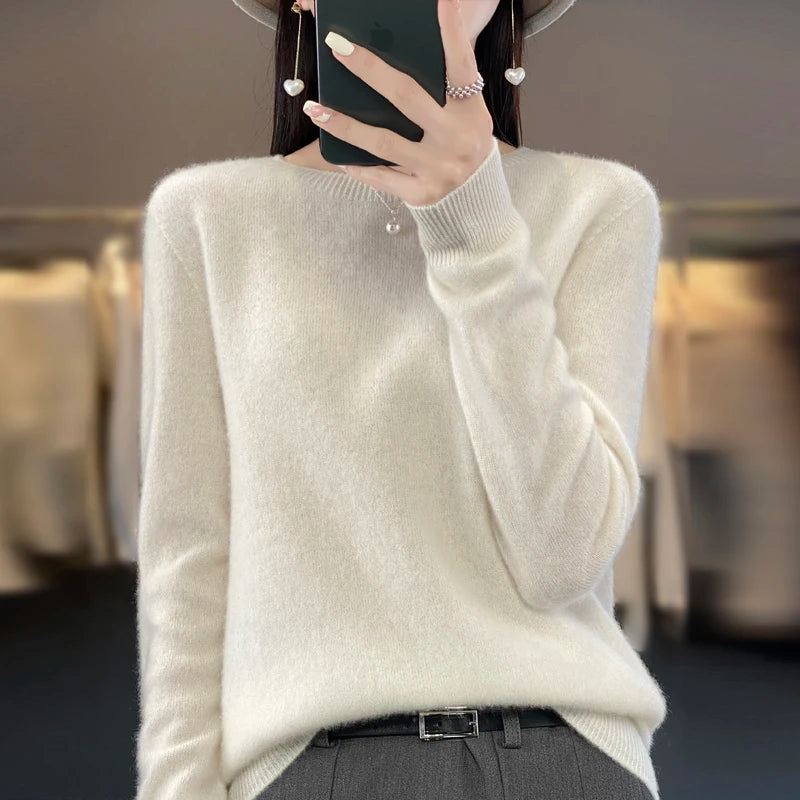 New cashmere sweater women's sweater in autumn and winter 100% merino wool fashion O-neck autumn warm pullover top GatoGeek WHITE M 