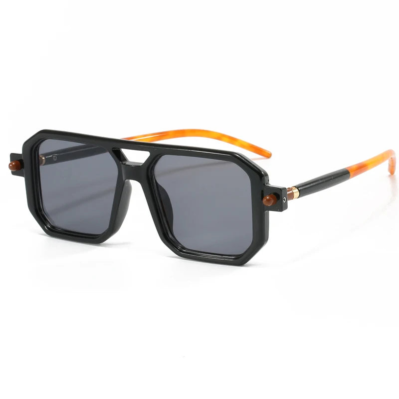 New Popular Square Retro Style Sunglasses Double Beam Pilot Sun Glasses Hawksbill Pattern Mirror Leg Design Flat Mirror GatoGeek black grey 