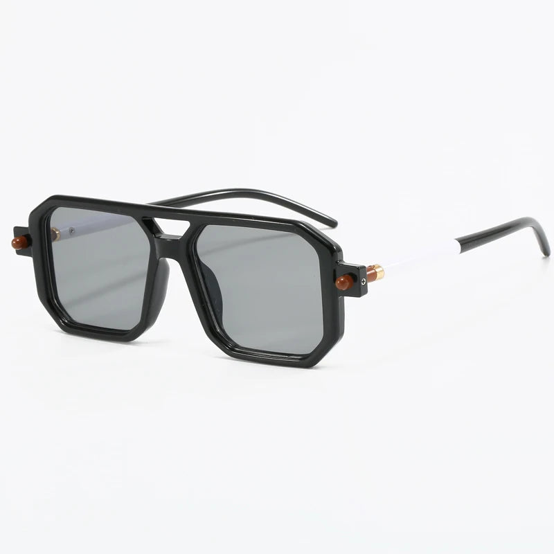 New Popular Square Retro Style Sunglasses Double Beam Pilot Sun Glasses Hawksbill Pattern Mirror Leg Design Flat Mirror GatoGeek black white grey 