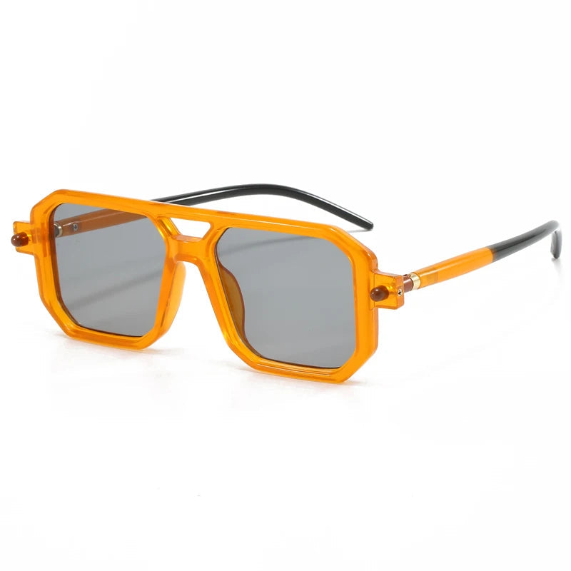 New Popular Square Retro Style Sunglasses Double Beam Pilot Sun Glasses Hawksbill Pattern Mirror Leg Design Flat Mirror GatoGeek orange grey 