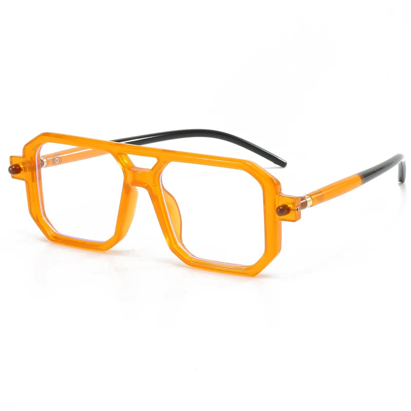 New Popular Square Retro Style Sunglasses Double Beam Pilot Sun Glasses Hawksbill Pattern Mirror Leg Design Flat Mirror GatoGeek orange transparent 