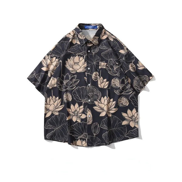 Retro HK Wind Full Printed Short Sleeved Shirts Loose Casual Shirt Jacket Men and Women for Summer GatoGeek 