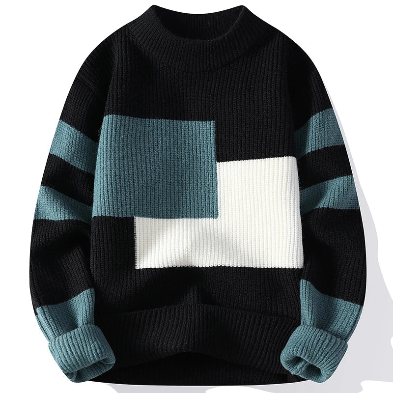 Sweaters men 2024 winter korean style mens warm sweater mens fashion sweaters Splicing color patterns Men's wool pullovers male GatoGeek Black XXL 