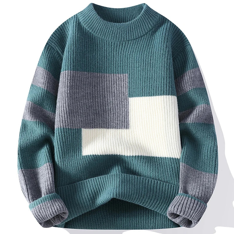 Sweaters men 2024 winter korean style mens warm sweater mens fashion sweaters Splicing color patterns Men's wool pullovers male GatoGeek Blue L 