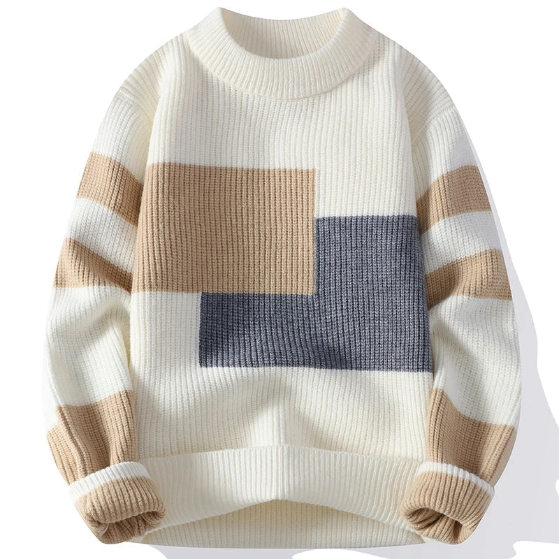 Sweaters men 2024 winter korean style mens warm sweater mens fashion sweaters Splicing color patterns Men's wool pullovers male GatoGeek WHITE M 