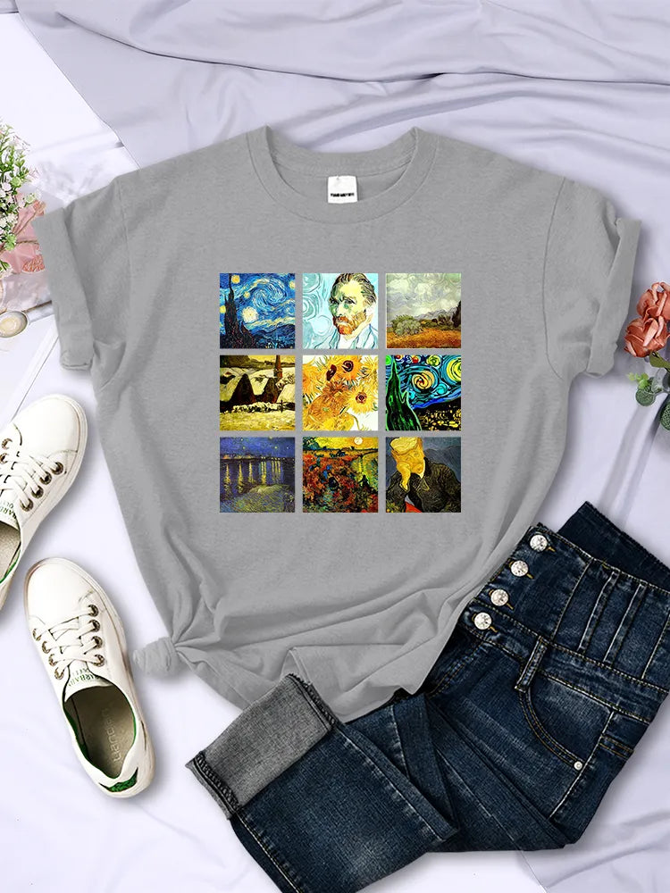 Van Gogh Works Sanskrit Printed Female Tops Breathable Casual T Shirts Fashion Summer Short Sleeve Women Crewneck Street Tshirt GatoGeek Gray S 