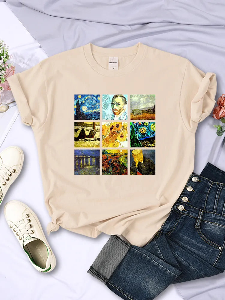 Van Gogh Works Sanskrit Printed Female Tops Breathable Casual T Shirts Fashion Summer Short Sleeve Women Crewneck Street Tshirt GatoGeek Khaki S 