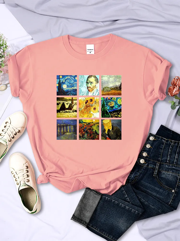 Van Gogh Works Sanskrit Printed Female Tops Breathable Casual T Shirts Fashion Summer Short Sleeve Women Crewneck Street Tshirt GatoGeek Pink S 