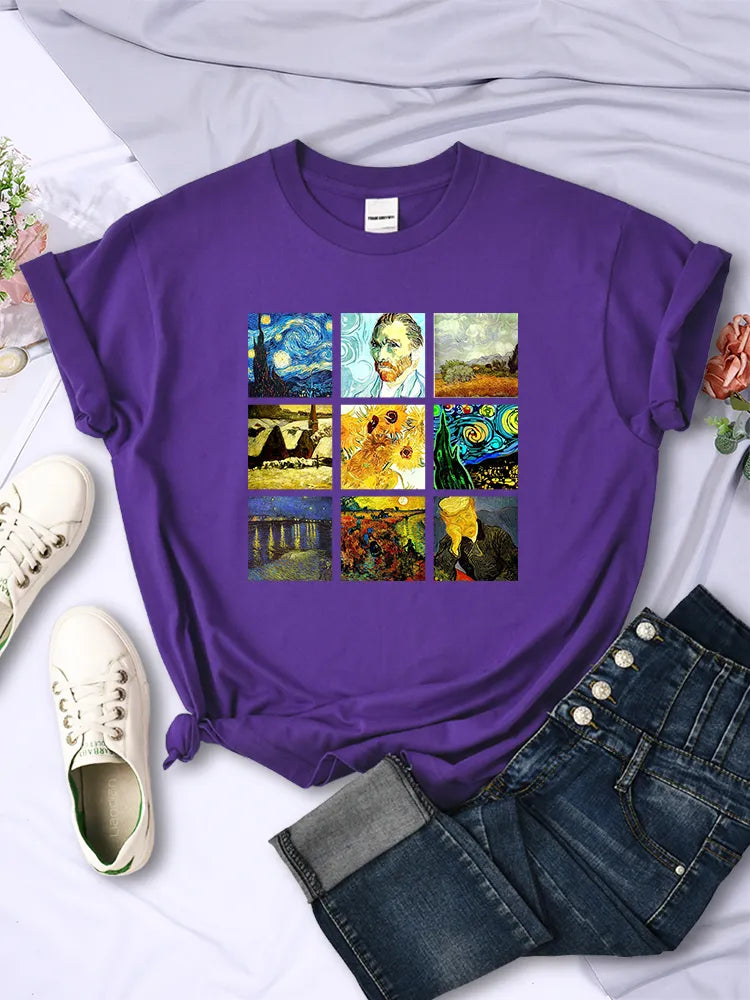 Van Gogh Works Sanskrit Printed Female Tops Breathable Casual T Shirts Fashion Summer Short Sleeve Women Crewneck Street Tshirt GatoGeek Purple S 