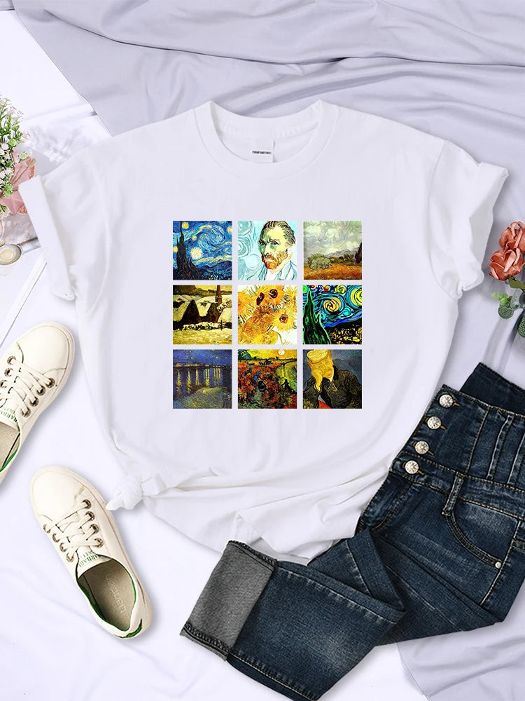 Van Gogh Works Sanskrit Printed Female Tops Breathable Casual T Shirts Fashion Summer Short Sleeve Women Crewneck Street Tshirt GatoGeek White S 