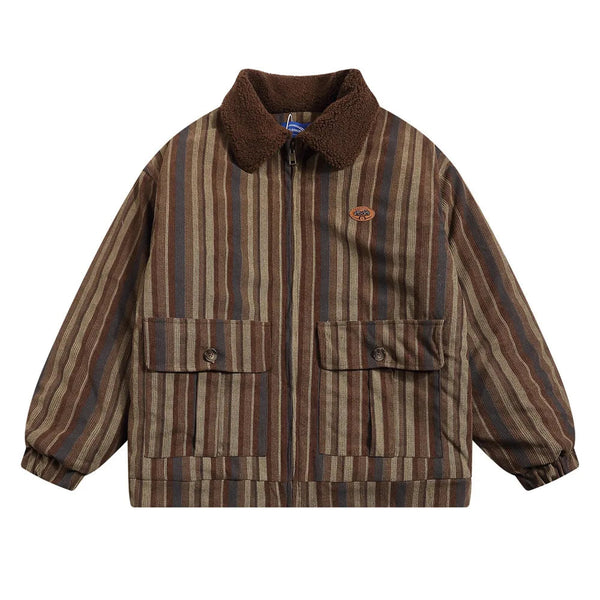 Vertical Striped Cotton Jacket Men American Retro Street Trend Loose Coat Harajuku Thickened Warm Large Pocket Wool Lapel Parka GatoGeek brown L 