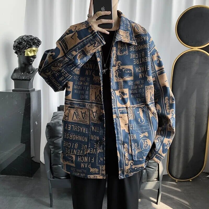 2023 Men's Jacket Lapel Tweed Printing Loose Versatile Fashion Coat Casual Oversize Top GatoGeek 