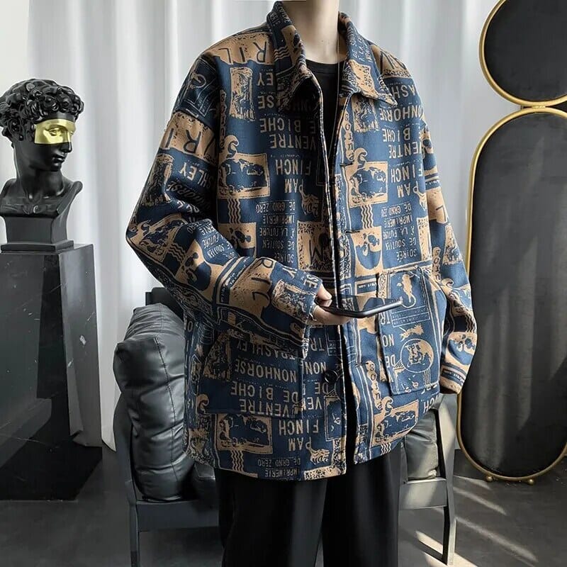 2023 Men's Jacket Lapel Tweed Printing Loose Versatile Fashion Coat Casual Oversize Top GatoGeek 