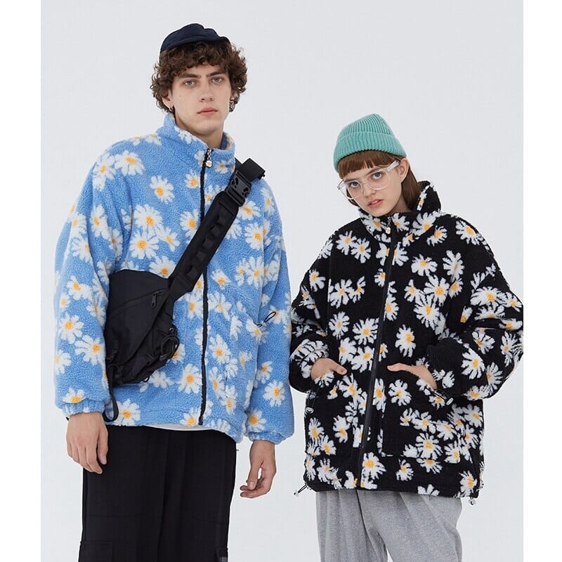 2023 New Spring Cotton Padded Thick Parkas Jackets Streetwear Hip Hop Daisy Print Fleece Warm Full Zip Coats Outwear 0 GatoGeek 