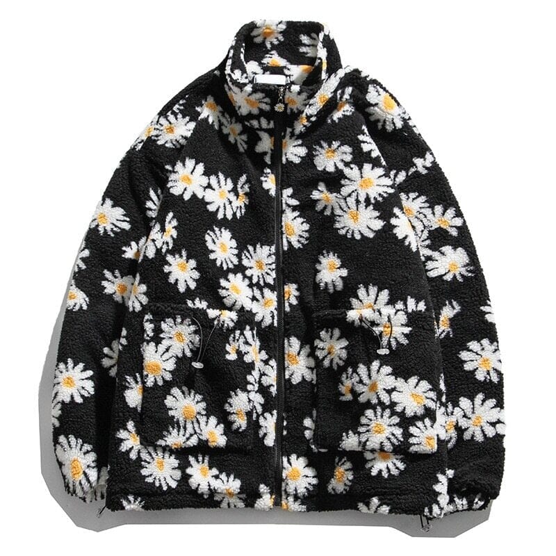 2023 New Spring Cotton Padded Thick Parkas Jackets Streetwear Hip Hop Daisy Print Fleece Warm Full Zip Coats Outwear 0 GatoGeek Black M 