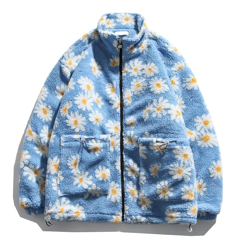 2023 New Spring Cotton Padded Thick Parkas Jackets Streetwear Hip Hop Daisy Print Fleece Warm Full Zip Coats Outwear 0 GatoGeek Blue M 