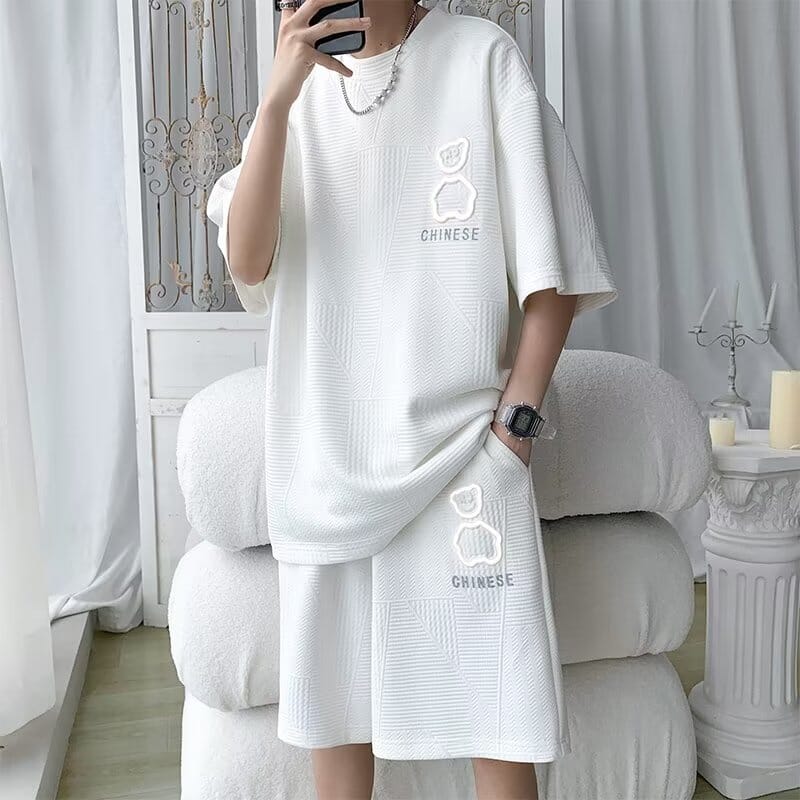 6XL Large Men's Sports Suit New Korean High Street Fashion T-shirt Shorts Two-piece Set Men Retro Neck Top Designer Clothes Men 0 GatoGeek 