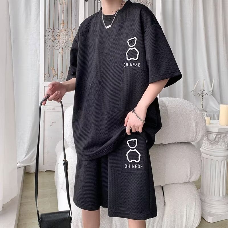 6XL Large Men's Sports Suit New Korean High Street Fashion T-shirt Shorts Two-piece Set Men Retro Neck Top Designer Clothes Men 0 GatoGeek 