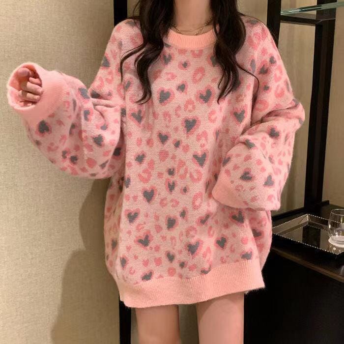 Autumn And Winter Kawaii Sweater Women&#39;S Oversized Love Embroidery Casual Long-Sleeved Harajuku Sweet Sweater Fashion Pullover 0 GatoGeek pink M 