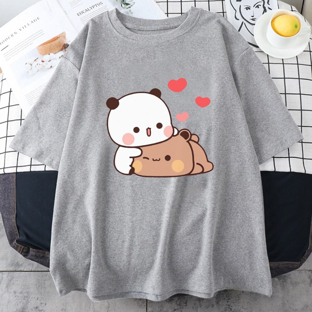 Cartoon Panda Bear Bubu and Dudu T Shirt EU Size 100% Cotton Women Tops Kawaii Printed Harajuku Ullzang Tees O-Neck Anime Female 0 GatoGeek gray XS 