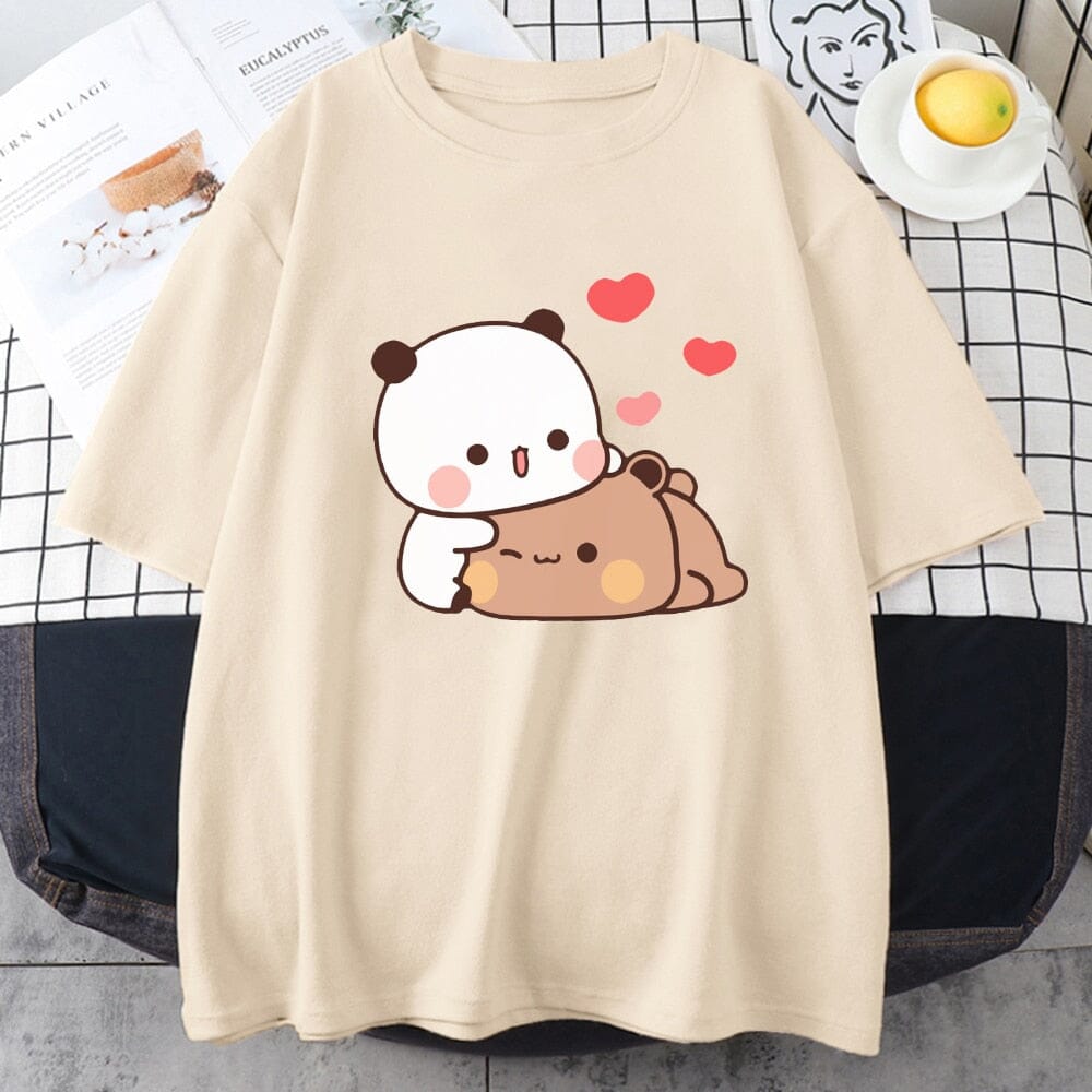Cartoon Panda Bear Bubu and Dudu T Shirt EU Size 100% Cotton Women Tops Kawaii Printed Harajuku Ullzang Tees O-Neck Anime Female 0 GatoGeek khaki XS 