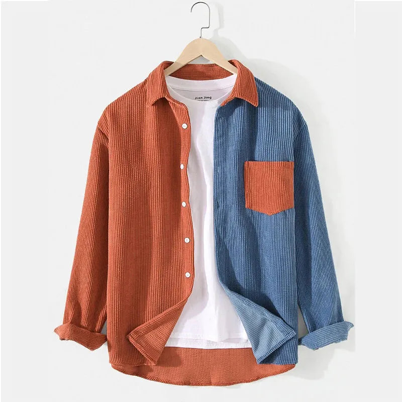 Corduroy Men Shirt Casual Patchwork Lapel Turn Down Button Long Sleeve Shirt Streetwear Leisure Luxury Clothing 2023 GatoGeek 