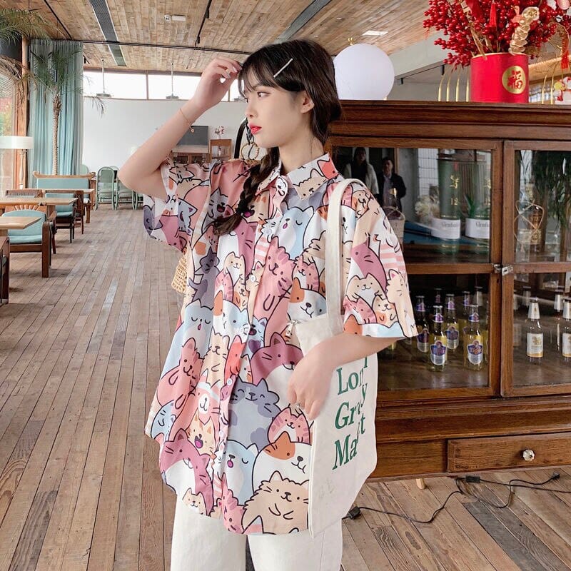 Deeptown Kawaii Button Up Shirt Animal Cat Print Blouse Women Japan Style 2022 Summer Hawaii Graphic Cardigan Casual Cute Tops 0 GatoGeek 