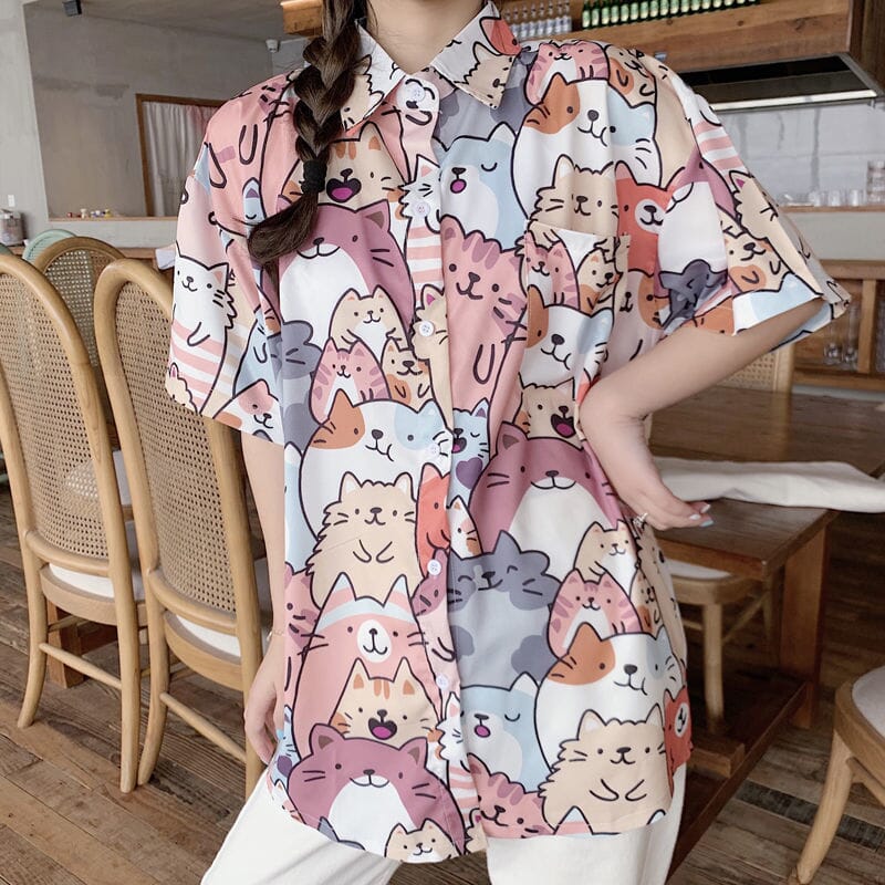 Deeptown Kawaii Button Up Shirt Animal Cat Print Blouse Women Japan Style 2022 Summer Hawaii Graphic Cardigan Casual Cute Tops 0 GatoGeek 