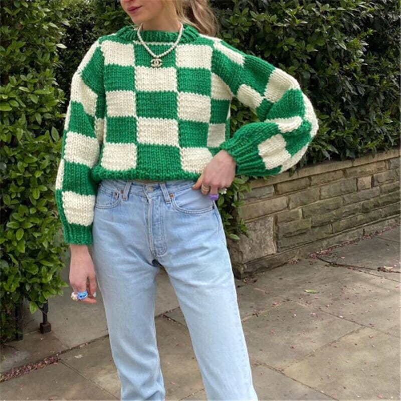 Dourbesty 2000s Style Fairycore Vintage Sweaters Checkerboard Plaid Long Sleeve Women Sweater Indie Knitted Autumn Casual Tops 0 GatoGeek Green S 