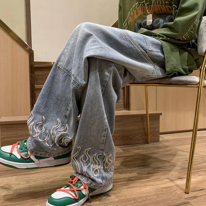 Fashion Flame Embroidery Men's Jeans Neutral Wide Leg Denim Trousers Loose Straight Jeans Youth Casual Baggy Hip Hop Pants 2023 0 GatoGeek 