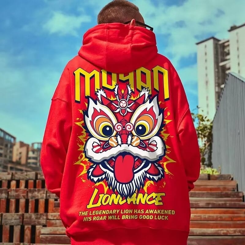 Good Luck Lion Dance Print Men Hoodies Casual Funny Fleece Loose Sweatshirts Oversized High Street Y2K Pullover Hoodie Clothes 0 GatoGeek 