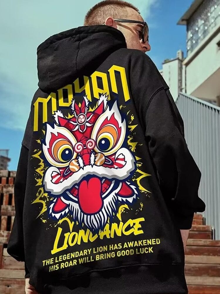 Good Luck Lion Dance Print Men Hoodies Casual Funny Fleece Loose Sweatshirts Oversized High Street Y2K Pullover Hoodie Clothes 0 GatoGeek Black M 