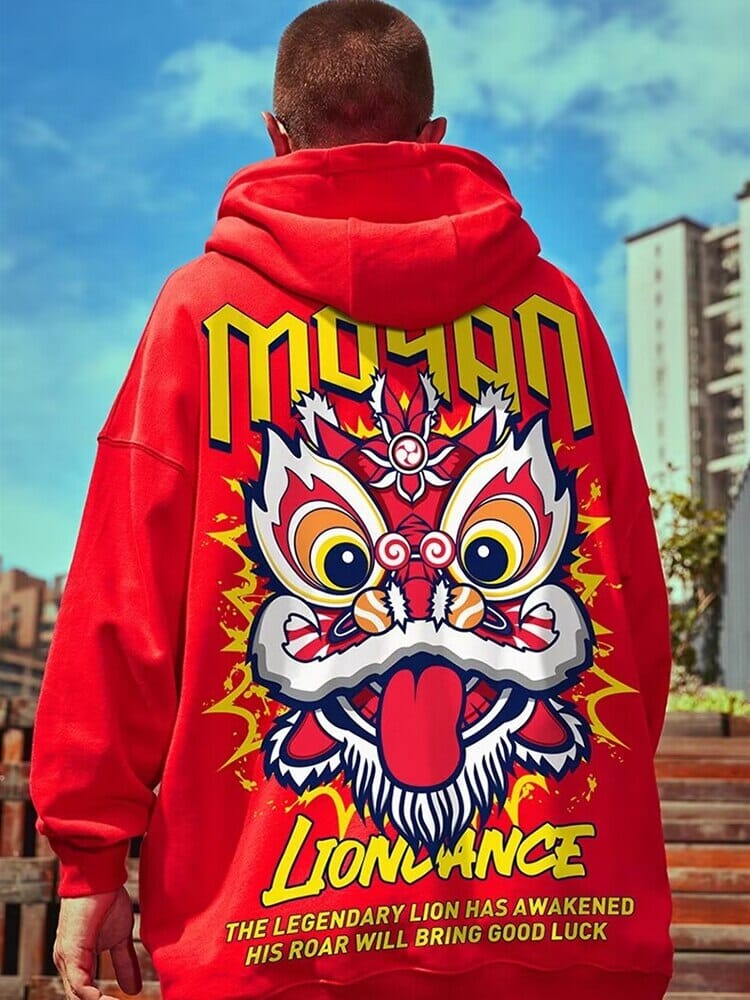 Good Luck Lion Dance Print Men Hoodies Casual Funny Fleece Loose Sweatshirts Oversized High Street Y2K Pullover Hoodie Clothes 0 GatoGeek Red M 