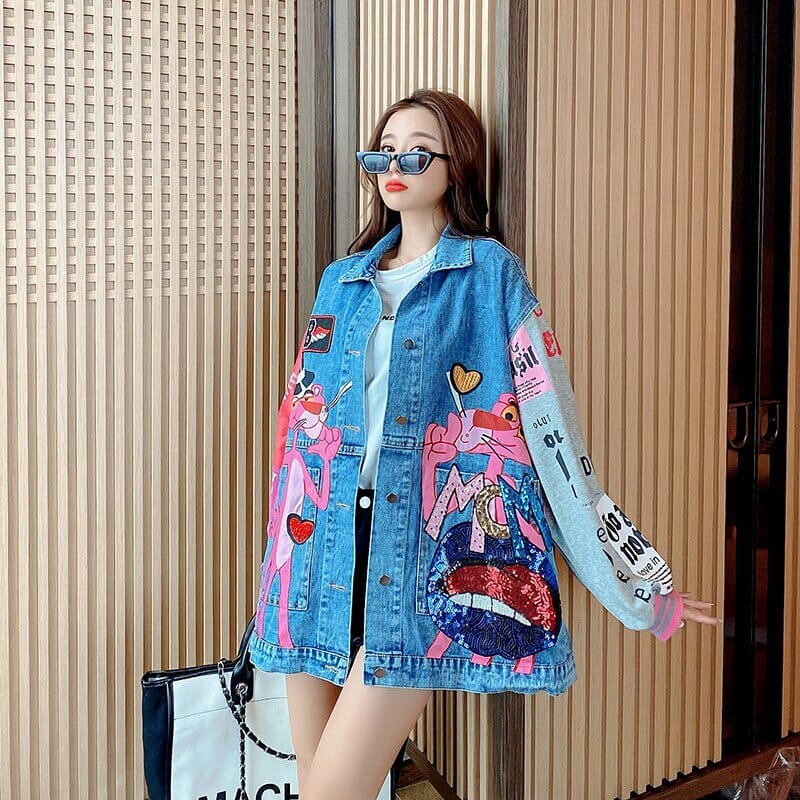 Harajuku Oversize Denim Jackets Women Oversized Jacket Patchwork Color Streetwear Cartoon Print Jean Coat Female Top 0 GatoGeek 