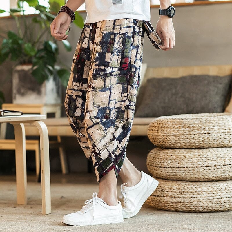 Harajuku Summer Loose Calf Length Casual Pants Men Wide Leg Cotton Linen Printing Baggy Pants Oversize Men's Trousers 0 GatoGeek 