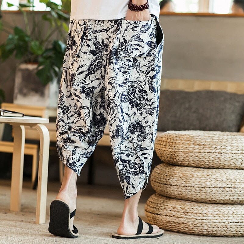 Harajuku Summer Loose Calf Length Casual Pants Men Wide Leg Cotton Linen Printing Baggy Pants Oversize Men's Trousers 0 GatoGeek 