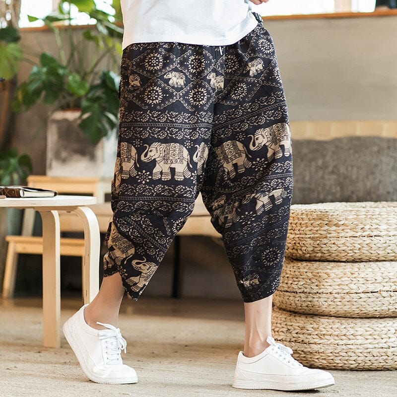 Harajuku Summer Loose Calf Length Casual Pants Men Wide Leg Cotton Linen Printing Baggy Pants Oversize Men's Trousers 0 GatoGeek 