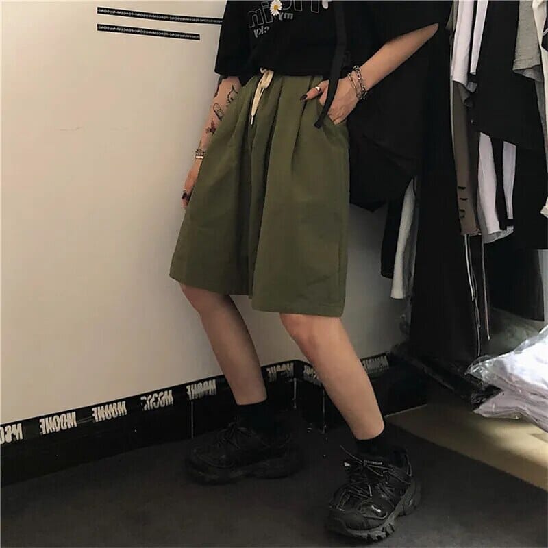 High Street Knee Length Shorts Women Harajuku Couples Retro Drawstring Wide Leg Workout Short Trousers Loose BF Cargo Streetwear GatoGeek 