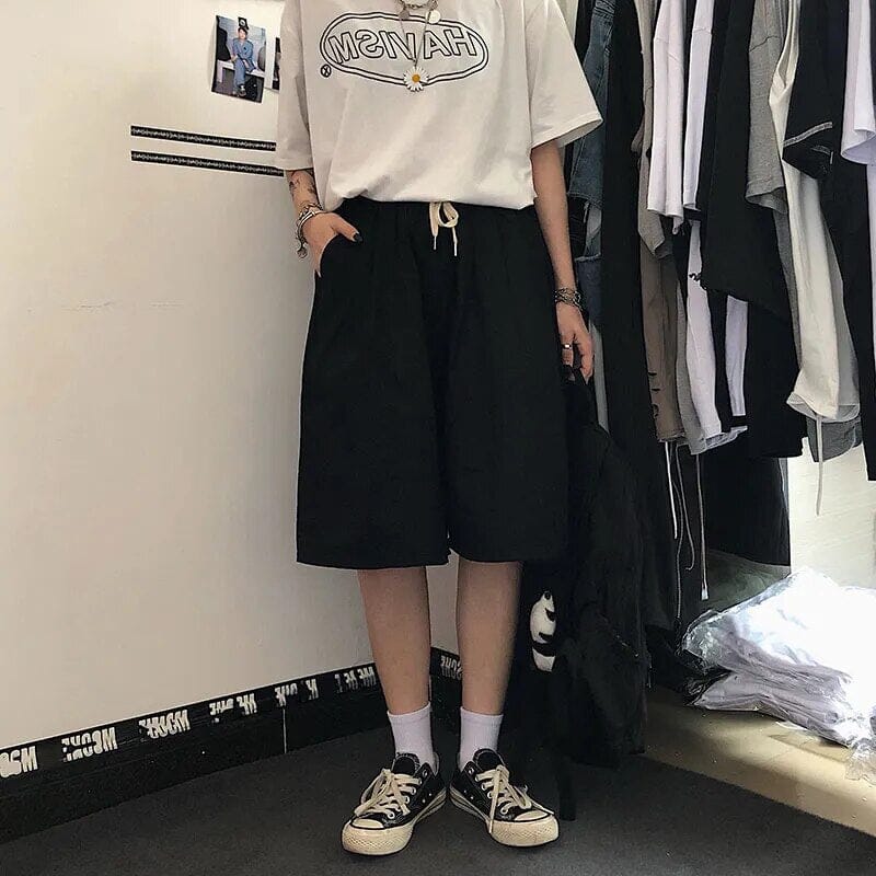 High Street Knee Length Shorts Women Harajuku Couples Retro Drawstring Wide Leg Workout Short Trousers Loose BF Cargo Streetwear GatoGeek Black S 