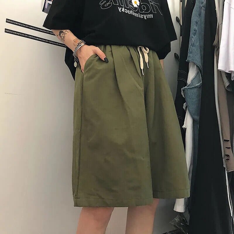 High Street Knee Length Shorts Women Harajuku Couples Retro Drawstring Wide Leg Workout Short Trousers Loose BF Cargo Streetwear GatoGeek Green S 
