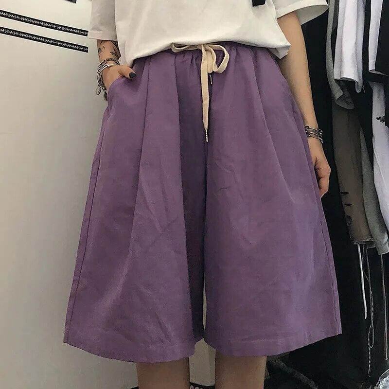 High Street Knee Length Shorts Women Harajuku Couples Retro Drawstring Wide Leg Workout Short Trousers Loose BF Cargo Streetwear GatoGeek Purple S 