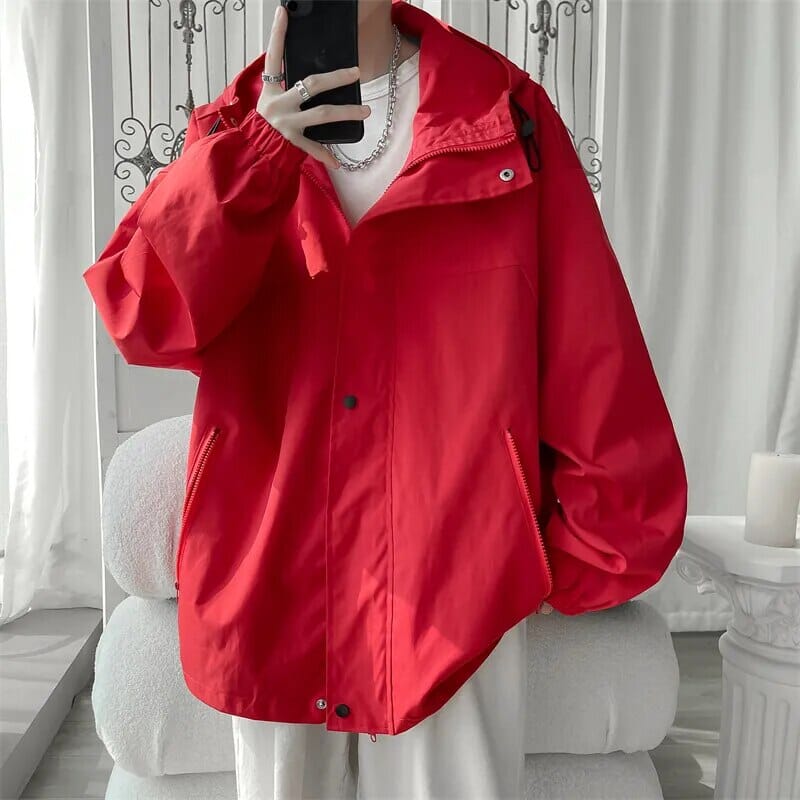 Hooded Jacket for Men Bomber Jacket Men's Windbreakers Zipper Coats Spring Autumn Loose Cargo Jacket Men Casual Sportswear GatoGeek Red Chinese Size M CN