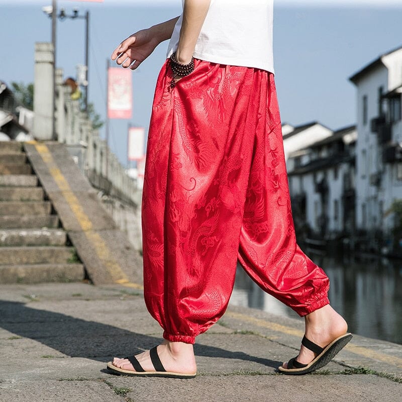 Ice Silk Pants Dragon Pattern Dark Flower Men Beach Bloomers Retro Casual Wide-leg Pants Harajuku Fashion Hip-hop Jogging Pants 0 GatoGeek 
