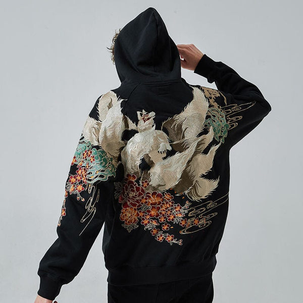 Japanese Streetwear Hoodie Hip Hop Sweatshirt Embroidered Fox Hooded 2023 Mens Harajuku Cotton Casual Pullover Black y2k hoodie 0 GatoGeek 